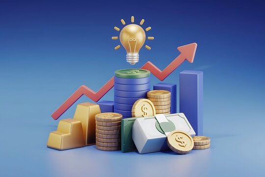 3D Finance Illustration with Coins, Dollar Bill, Gol3D Finance Illustration with Coins, Gold Bar, Market Trends, and Investment Idead Bar, and 'Fortune' Text