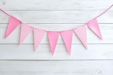 Background for congratulatory e-mail pink banner on white wooden background. The basis for promotions birthday. Party decorations.