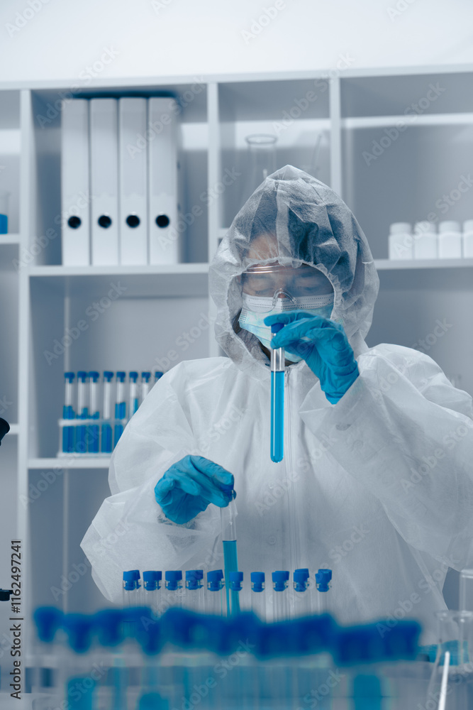 Poster A scientist diligently conducting a meticulous experiment in a controlled laboratory environment, utilizing various techniques and equipment to ensure precise analysis and reliable results