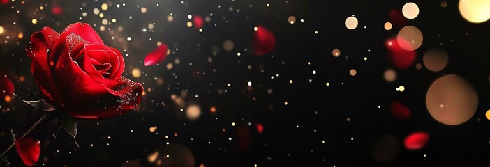 Abstract flower banner with red rose on black background bokeh lights - Valentines Mothers day anniversary concept
