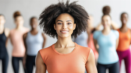 A diverse group of people in a fitness class, smiling and engaging in exercise together, promoting...