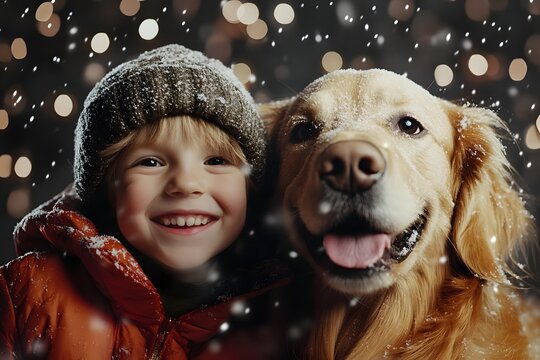 A cute little boy and his golden retriever celebrating New Year's Eve, wearing hat and smiling happily at the camera. The background is filled with firework and confetti - Powered by Adobe