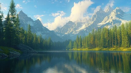 Fototapeta premium Serene mountain lake reflecting majestic peaks and lush forest