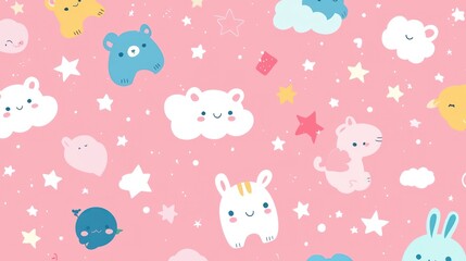 Adorable Cartoon Animals and Stars on Pink Background
