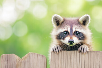 A curious raccoon peeking over a wooden fence with a blurred natural background, capturing the essence of wildlife and curiosity. Ideal for nature themes.