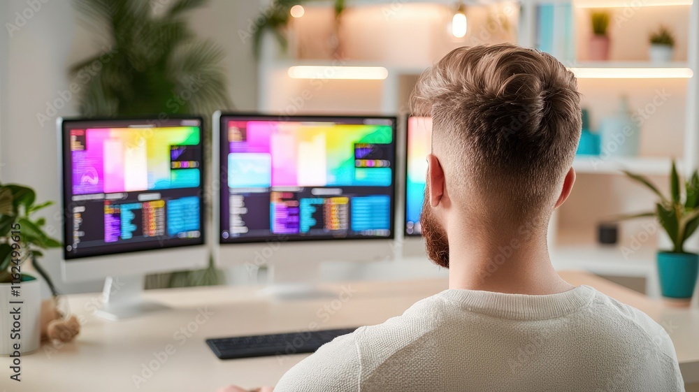 Poster a person working at a desk with dual monitors displaying colorful data, surrounded by plants in a mo