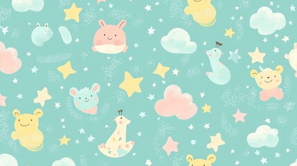Adorable pastel animals float among stars and clouds