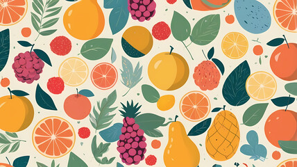 Collection of modern abstract prints and seamless pattern with fruits and leaves. Modern wall art poster. Summer fruit vector design for cards, invitations, posters, banners.