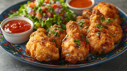 Vibrant Feast: Fried Chicken with Colorful Dipping Sauces and a Refreshing Salad
