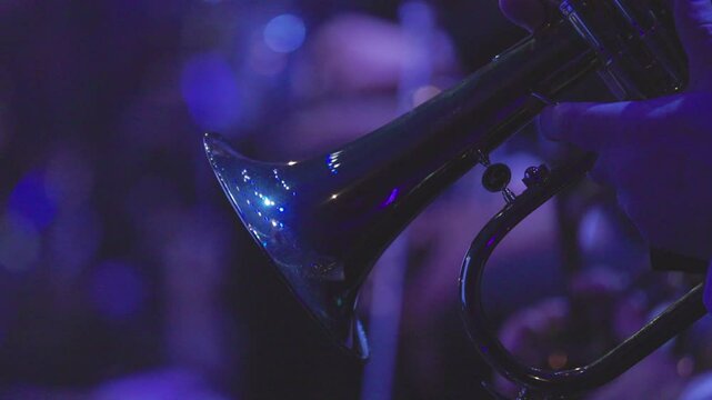 A musician playing a solo on a flugelhorn which is a brass instrument during a live jazz performance in dim lighting conditions. Nr.1