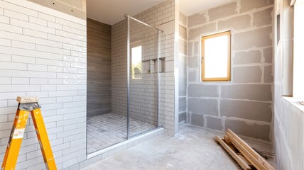 A modern bathroom under construction featuring a glass shower, concrete walls, and an unfinished aesthetic with tools and materials visible.