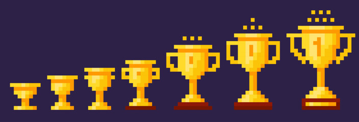 Pixel golden trophy animation. Gradual upgrade of winner cup. Retro 8 bit video game award. Tournament leadership. Prize reward. Leader success achievement. First place. Vector concept © VectorBum
