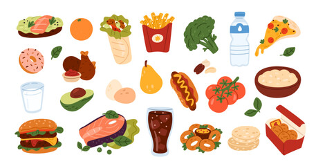 Junk and healthy food. Fast street meal. Fried potato. Breaded products with cholesterol. Fresh fruit or vegetable. Organic nutrition. Fish steak. Pizza piece. Cola glass. Garish vector set