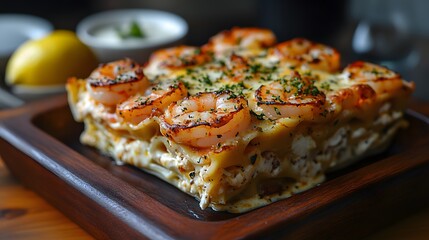 An Exquisite Seafood Lasagna with Fresh Shrimp and Scallops in Creamy White Sauce, Perfectly Layered and Garnished for a Fancy Dining Experience