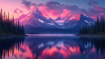 Vibrant sunset over serene mountain lake reflecting pink and purple clouds and snow-capped peaks.