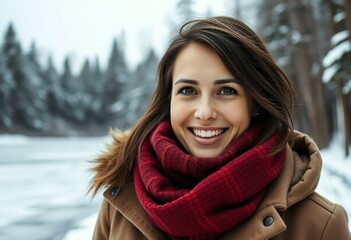 Fototapeta premium Female portrait in winter forest with frozen lake