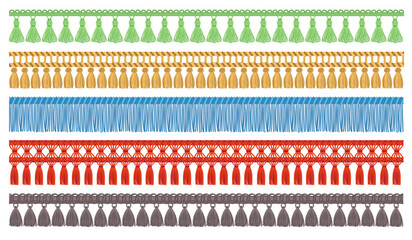 Cartoon seamless fringe borders. Tassel garlands. Textiles decoration. Fabric ornament. Thread brushes. Sewing accessories. Macrame rope trinkets. Cord embellishment. Splendid vector set