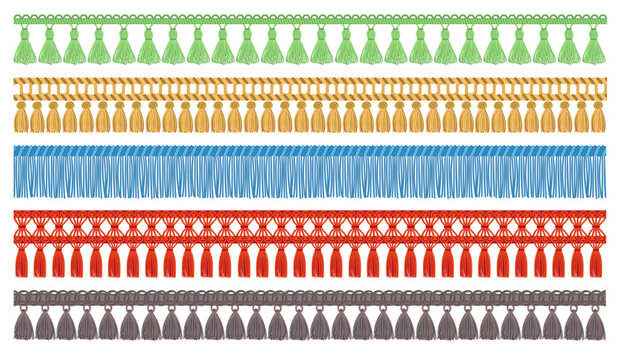 Cartoon seamless fringe borders. Tassel garlands. Textiles decoration. Fabric ornament. Thread brushes. Sewing accessories. Macrame rope trinkets. Cord embellishment. Splendid vector set