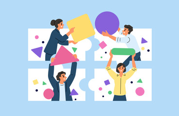 Business team putting puzzle in video chat. Online connect. Joint solution of problem. Virtual communication. Group teleconference. People with geometric shapes. Garish vector concept