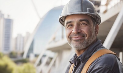 Construction manager in hardhat near modern architecture building. Engineering leadership advertisement