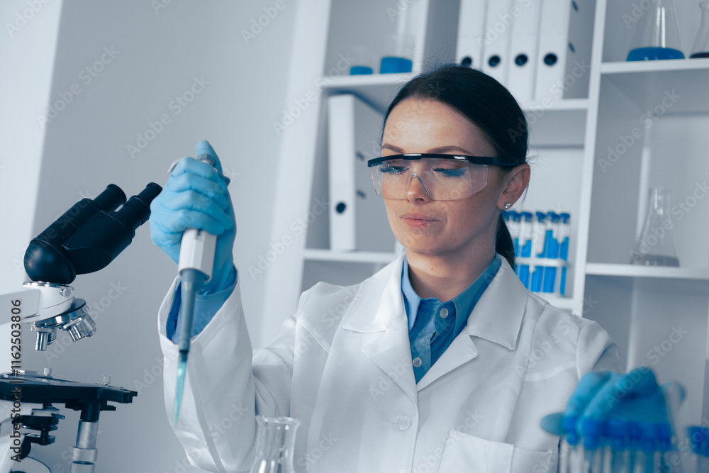 Poster a passionate female scientist is conducting a groundbreaking experiment in a stateoftheart lab, show