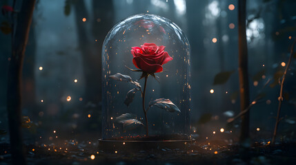 A single, vibrant red rose, encased in a glass dome, sits nestled amongst a bed of glowing embers in a dark, enchanted forest.