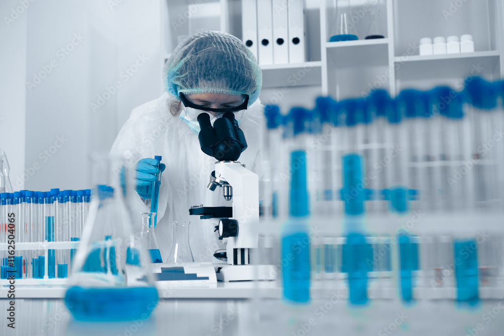 Poster in a cuttingedge lab, a dedicated scientist is carefully examining samples using a sophisticated mic