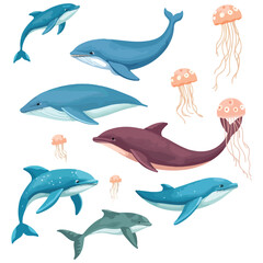 A collection of vector illustrations of sea animals, including whales, dolphins, and jellyfish, isolated on a white background