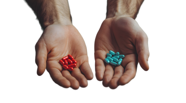 Two hands holding red and blue pills, symbolizing a choice or decision.