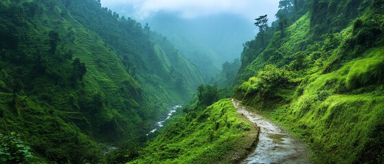 A river path through lush green hills, the perfect trekking route for adventurers seeking serenity and nature s beauty