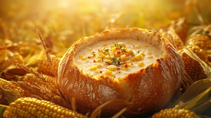 Creamy corn chowder in a bread bowl, isolated on a sunny cornfield-themed background with decorative corn husks and kernels