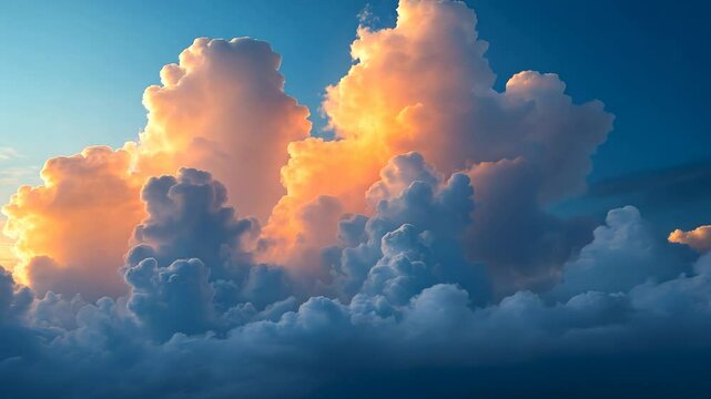 Fluffy clouds illuminated by sunset light