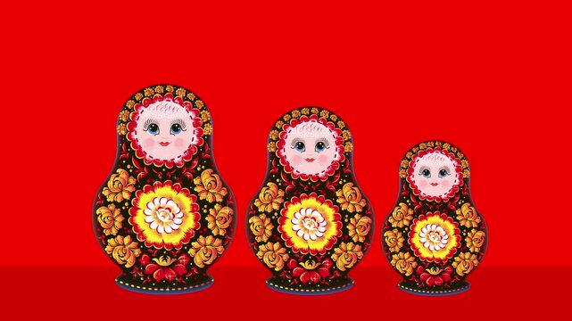 National toy, folklore, animation. Russian wooden matryoshka doll. Copy space