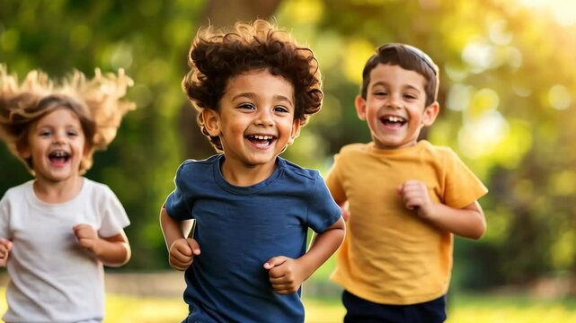 Happy children running and playing joyfully in a sunny park during summer day