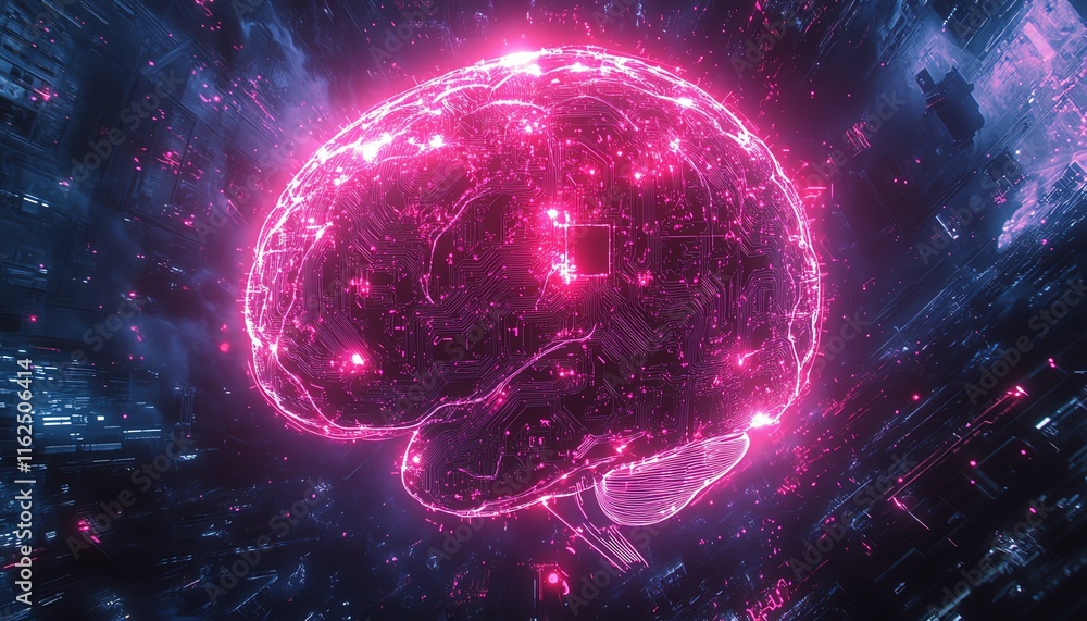 Fototapete Brain with intricate digital circuit lines, representing AGIs combination of cognitive human intelligence and hightech innovation