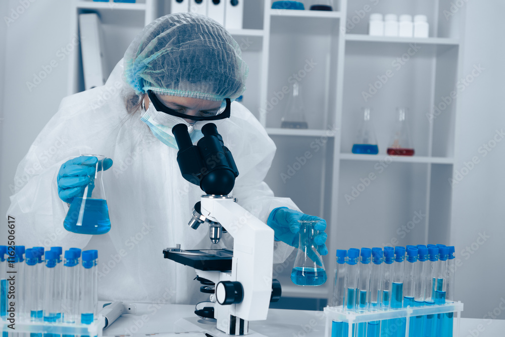 Aufkleber A dedicated scientist diligently engaged in extensive research utilizing advanced laboratory equipment and sophisticated microscopy techniques to conduct critical experiments and analyze data