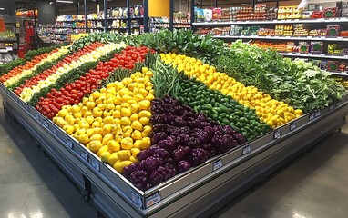Bright, fresh vegetables arranged in a bustling food superstore aisle, emphasizing healthy eating and vibrant colors