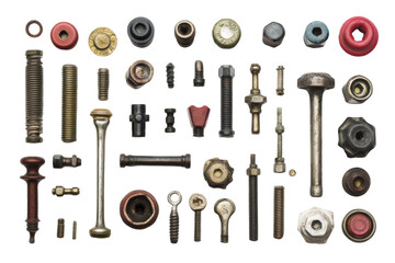 Fototapeta premium A diverse collection of various bolts and nuts artistically arranged and isolated against a clean white background
