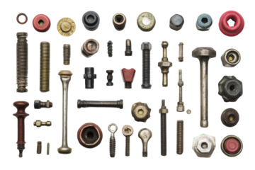 A diverse collection of various bolts and nuts artistically arranged and isolated against a clean white background