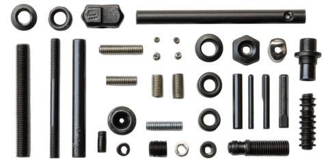 An assortment of various bolts and nuts showcased separately to highlight their versatility for DIY projects, isolated on a white background