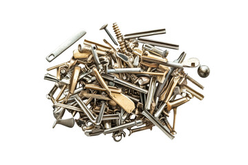 An unorganized collection of nails scattered against a clean white backdrop, emphasizing their multitude of types