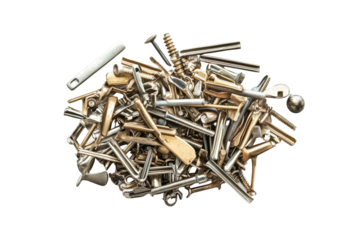 An unorganized collection of nails scattered against a clean white backdrop, emphasizing their multitude of types