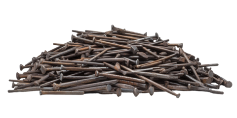 A random assortment of nails piled together, highlighted against a bright white background to illustrate their utilitarian appeal