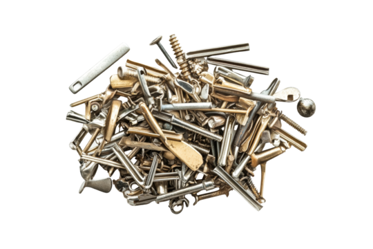 An unorganized collection of nails scattered against a clean white backdrop, emphasizing their multitude of types