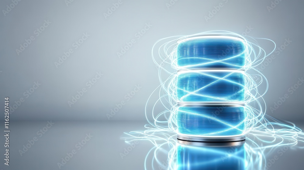 Poster a futuristic representation of stacked data storage disks surrounded by glowing blue energy, symboli