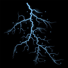 Thunder lightning on dark background. Lightning Thunderstorm Set. Thunderbolt spark. Bright glow and sparkle effect. Realistic transparent lightning. Vector illustration eps10.