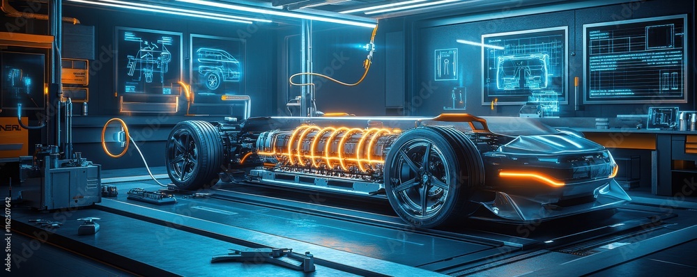 Aufkleber a futuristic electric vehicle displayed in a high-tech workshop, featuring glowing battery component