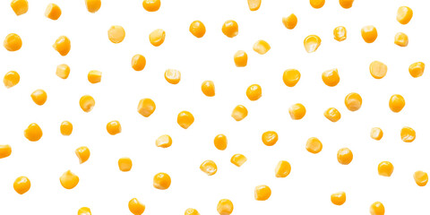 An artistic scattering of bright yellow corn kernels creates a visually stunning pattern on a pure white background