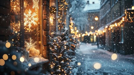Fototapeta premium Festive Winter Street Scene With Snow And Lights