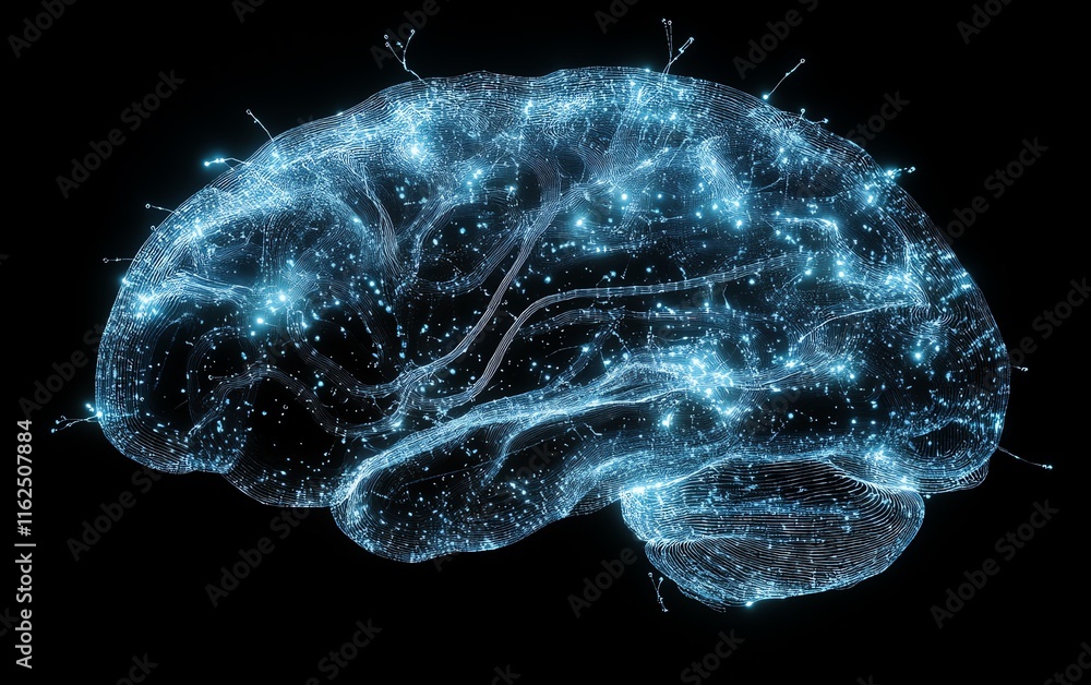 Poster Digital brain with intricate circuit lines, illustrating AGIs integration of humanlike intelligence and artificial technology
